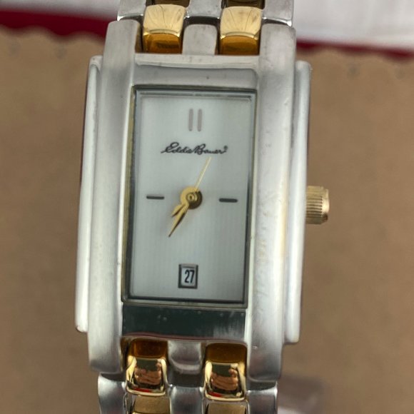 Vintage Eddie Bauer Dress Watch with Date Tank Style 2 Tone Gold and Stainless - Picture 1 of 8